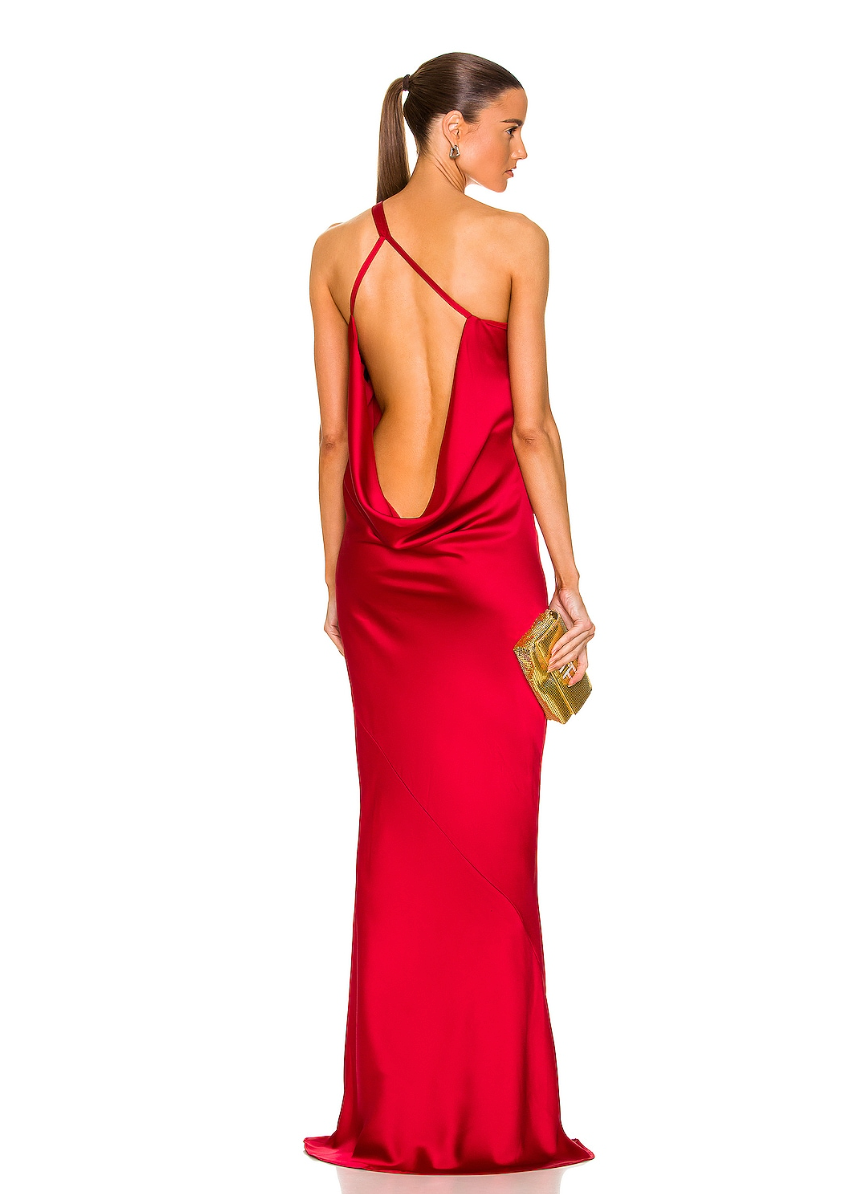 Norma Kamali Open-back One-shoulder Satin Gown | Red Size XS
