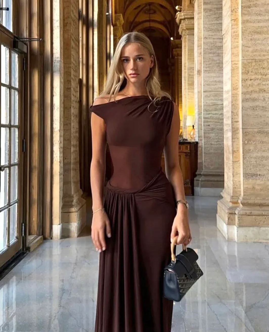 Misha Sisal Maxi Dress | Espresso Brown Size XS
